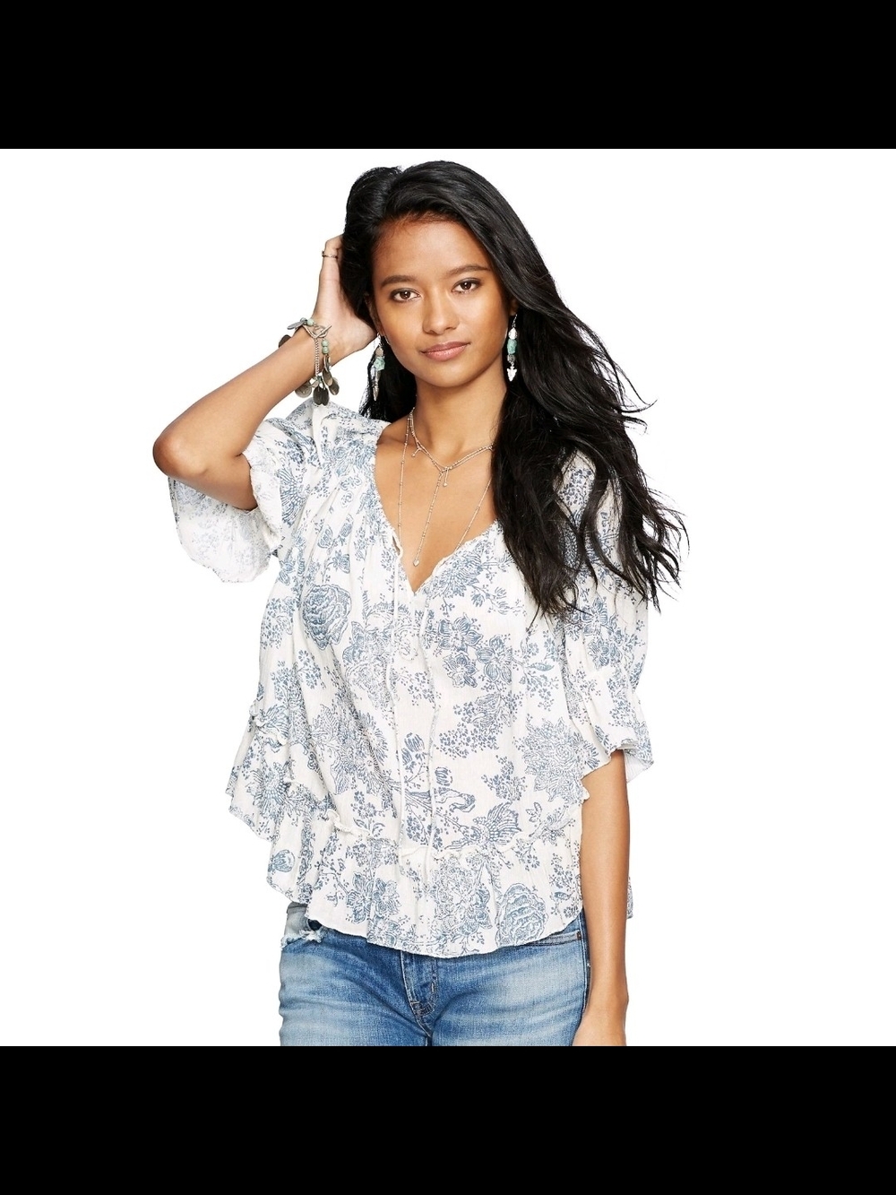 Denim & Supply Ralph Lauren Women's New Blue Floral Ruffled Peasant Top XS